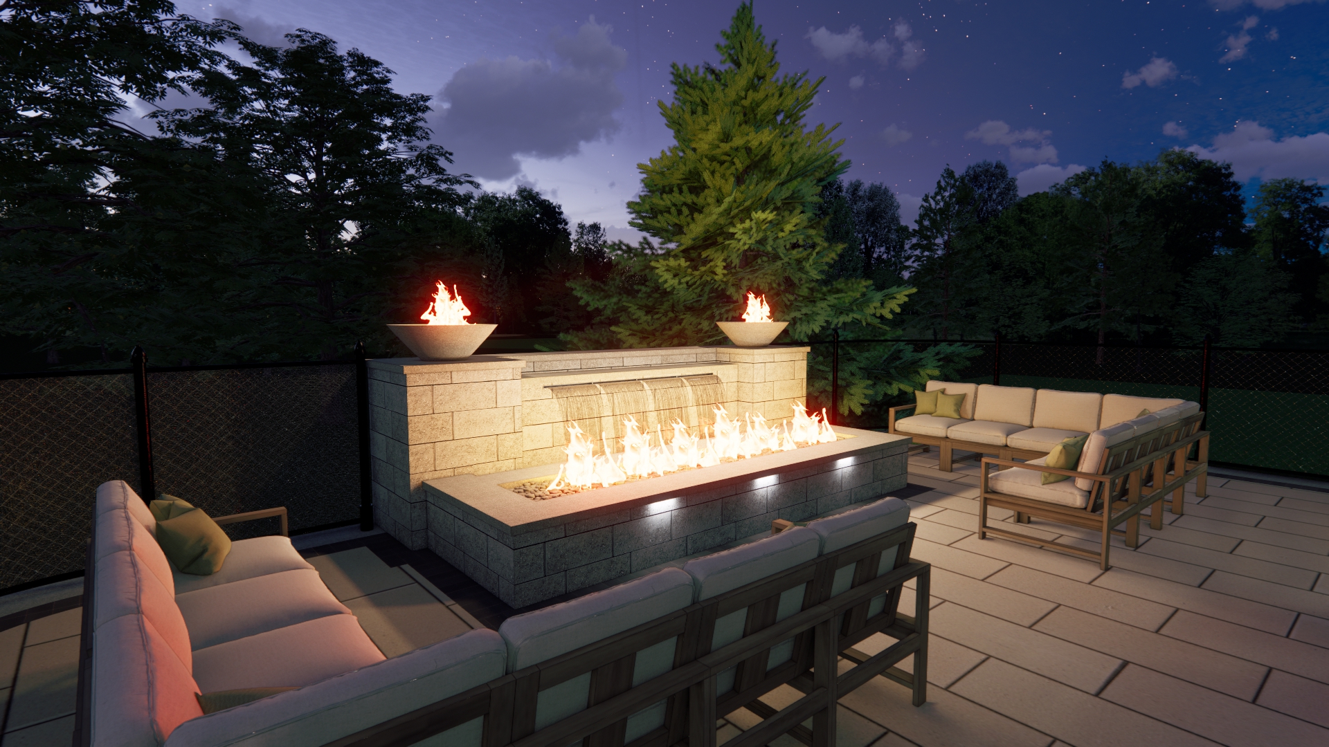 Outdoor Fire Feature with Waterfall